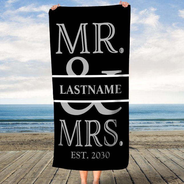 Serviette De Plage Noir et argent M. Mme Personnalisée (Créateur téléchargé)