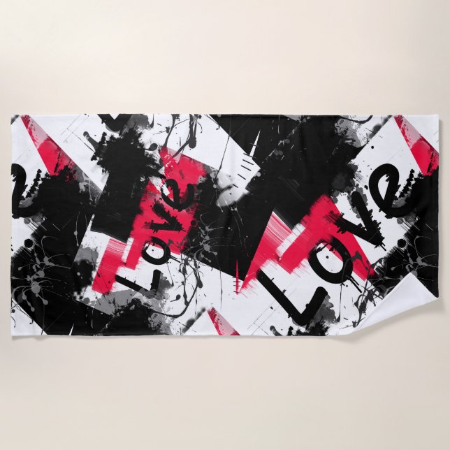 Serviette De Plage Noir et blanc avec taches rouges amour motif (Devant)