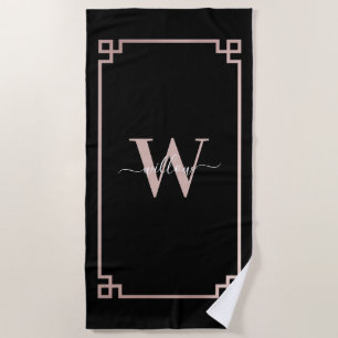 Serviette De Plage Noir et Rose Gold Rose Clé grecque Monogramme