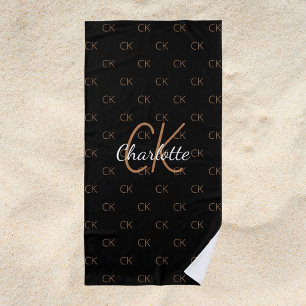 Serviette De Plage Noir or monogramme initiales nom script élégant
