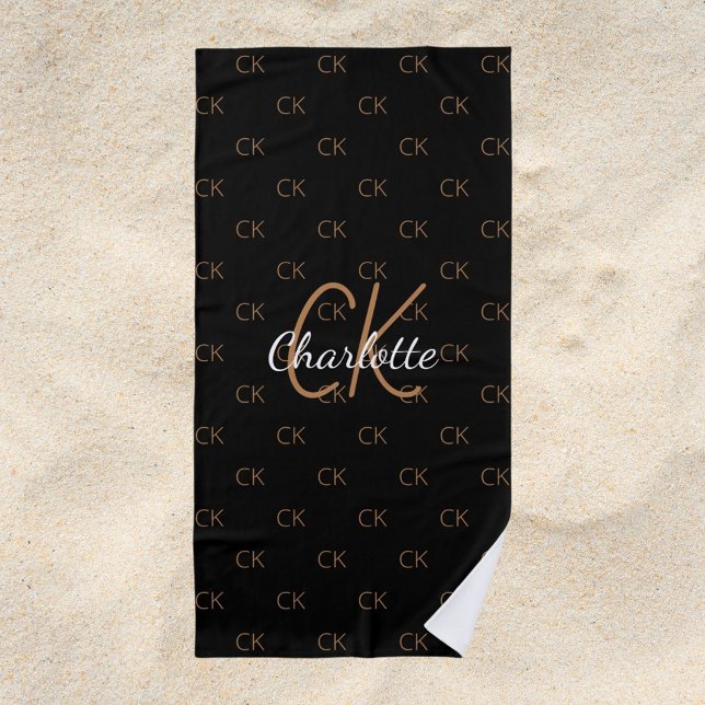 Serviette De Plage Noir or monogramme initiales nom script élégant (Créateur téléchargé)