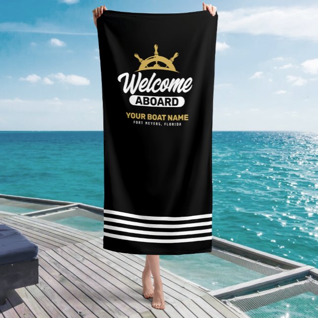 Serviette De Plage Nom de bateau Black & Gold personnalisé Bienvenue  (Créateur téléchargé)