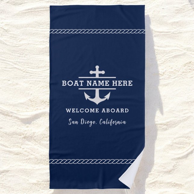 Serviette De Plage Nom de bateau nautique personnalisé Bienvenue à bo (Créateur téléchargé)