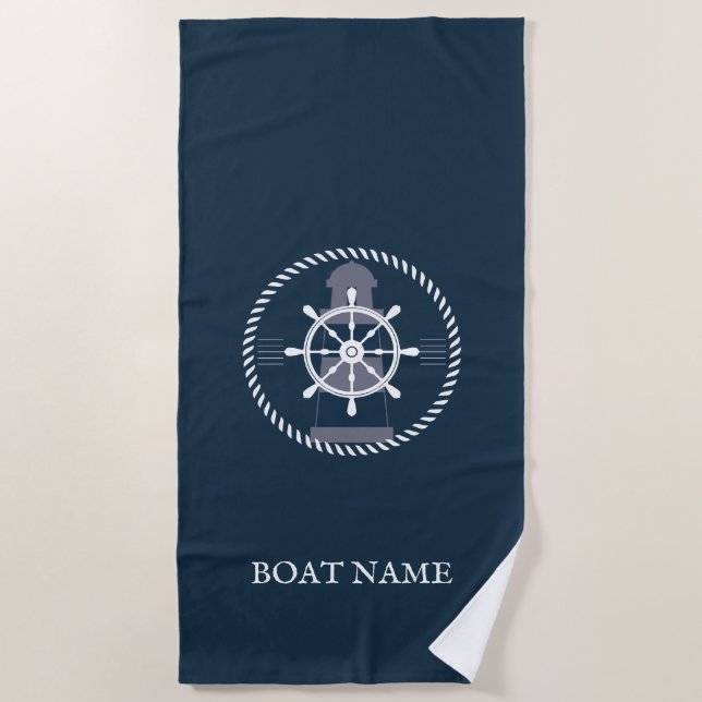 Serviette De Plage Nom de bateau nautique personnalisé Marine Blue (Devant)