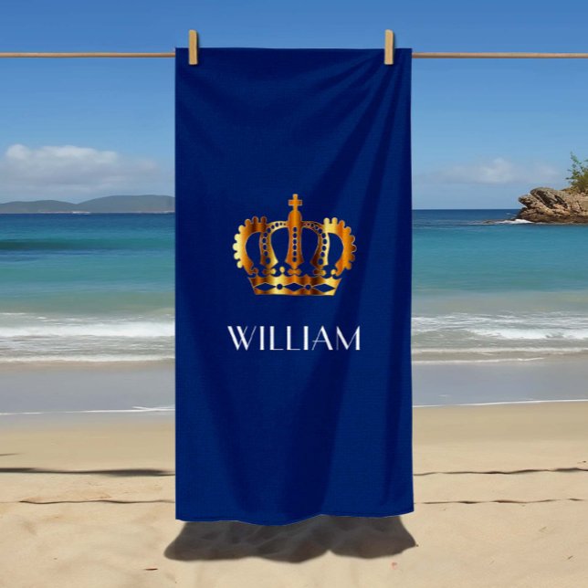 Serviette De Plage Nom de Couronne Royal Gold Bleu élégant (Stylish Royal Gold Crown Name Blue Beach Towel)