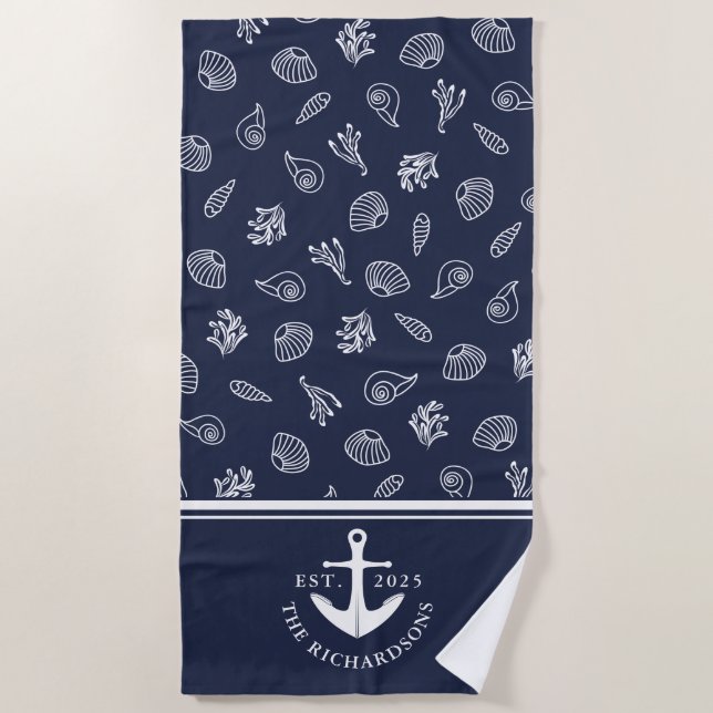 Serviette De Plage Nom de famille Ancre nautique Côte Marine Bleue (Devant)