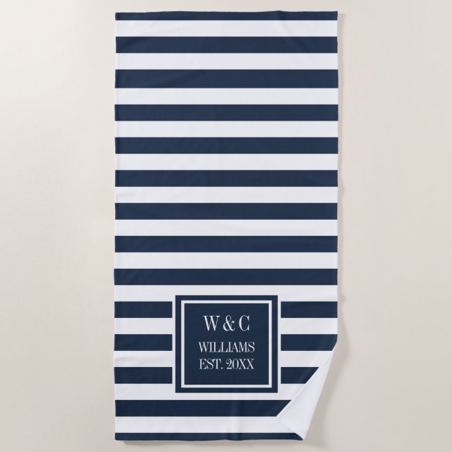 Serviette De Plage Nom de famille Monogramme Marine Bleu Bleu Blancs  (Devant)