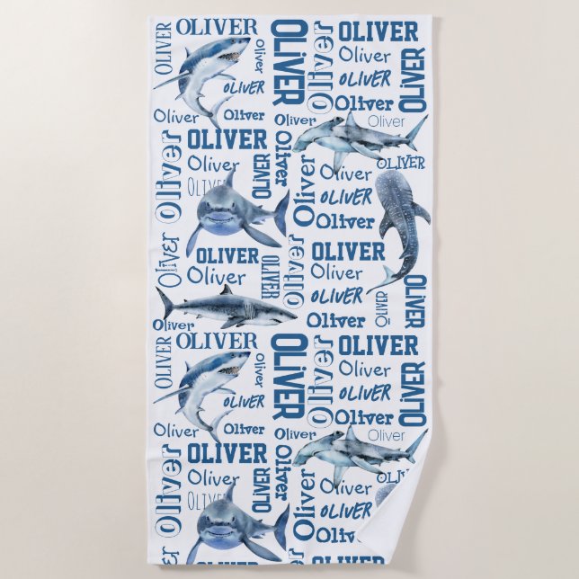 Serviette De Plage Nom de garçon personnalisé avec collage requin (Devant)