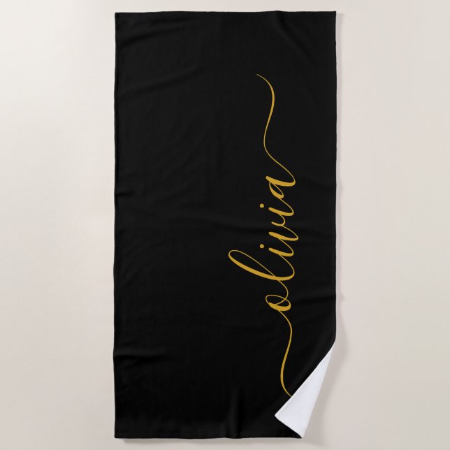 Serviette De Plage Nom de monogramme chic script moderne or noir (Devant)