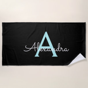 Serviette De Plage Nom de monogramme girly bleu sarcelle aqua Script