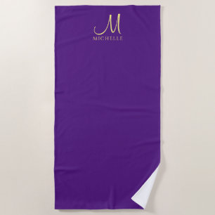 Serviette De Plage Nom de monogramme manuscrit Royal Purple & Gold