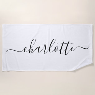 Serviette De Plage Nom de script tendance mignon Personnalisé Blanc