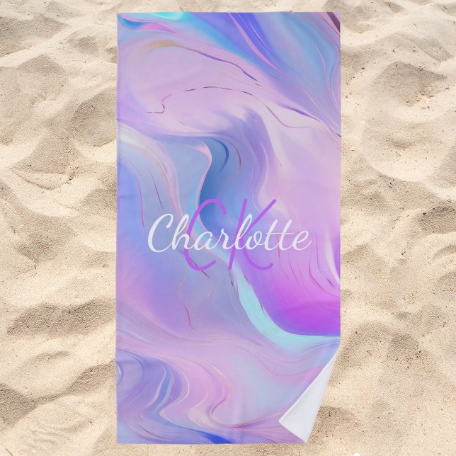 Serviette De Plage Nom des initiales du monogramme violet rose hologr (Créateur téléchargé)