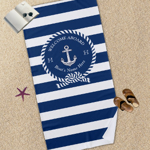 Serviette De Plage Nom du bateau nautique Ancre Corde Marine Blue Wel