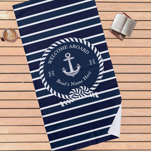 Serviette De Plage Nom du bateau nautique Ancre Marine Blue Welcome (Créateur téléchargé)