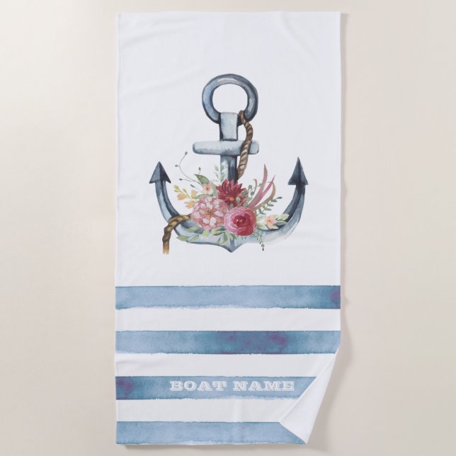 Serviette De Plage Nom du bateau nautique, Fleurs d'Ancres rayures (Devant)