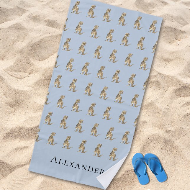 Serviette De Plage Nom du garçon personnalisé Dinosaur bleu (Personalised boy name dinosaur blue beach towel kids Jurassic T-Rex dino pattern with monogram name )