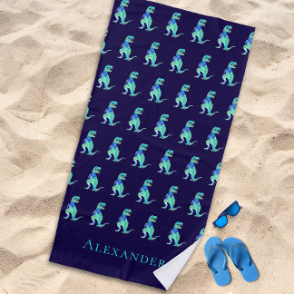Serviette De Plage Nom du garçon personnalisé Dinosaur bleu