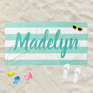 Serviette De Plage Nom du script personnalisé Aqua Blue Striped