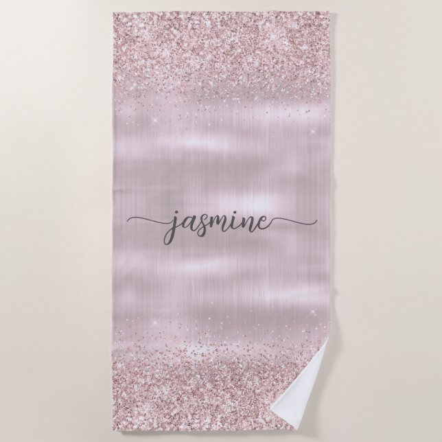 Serviette De Plage Nom en écriture girly à monogramme pailleté or ros (Devant)