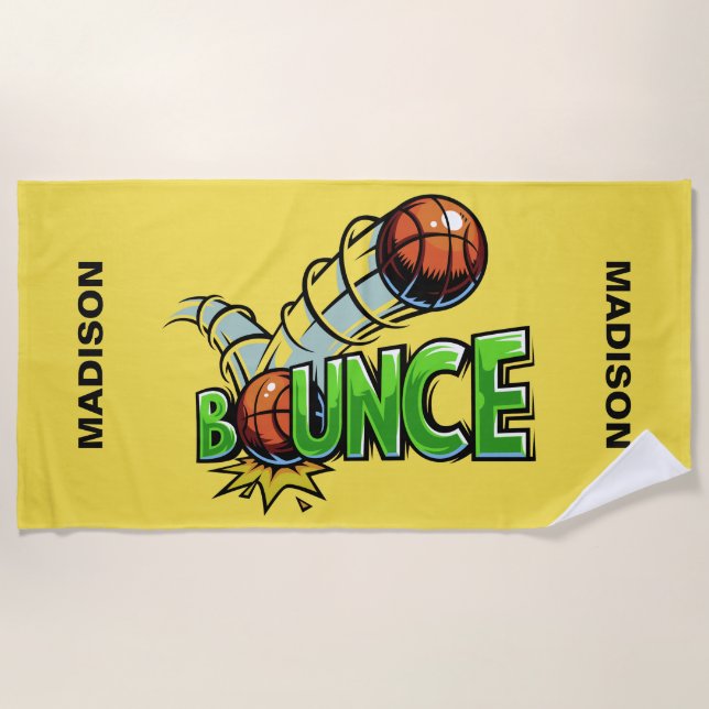 Serviette De Plage Nom et couleur personnalisés BOUNCE Basketball ser (Devant)