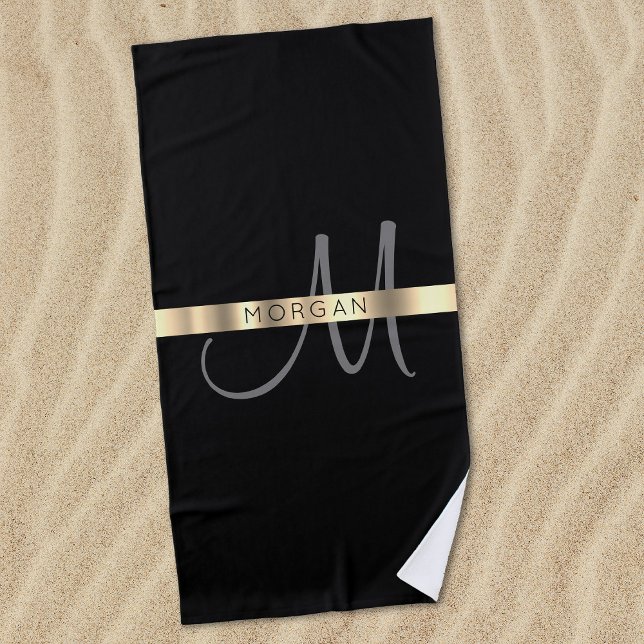 Serviette De Plage Nom et grand monogramme, gris foncé Or noir (Créateur téléchargé)