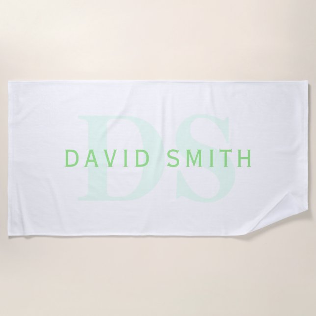 Serviette De Plage Nom et monogramme modernes | Vert et blanc (Devant)