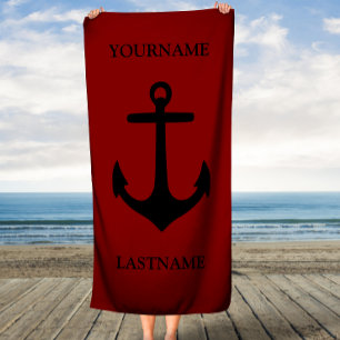 Serviette De Plage Nom et nom personnalisés de l'Ancre rouge et noire