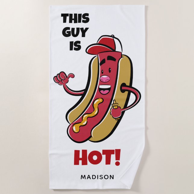 Serviette De Plage Nom et texte personnalisés Hot Dog (Devant)