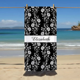 Serviette De Plage Nom floral noir et blanc élégant