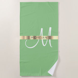 Serviette De Plage Nom & Grand Monogramme, White Sage & Gold