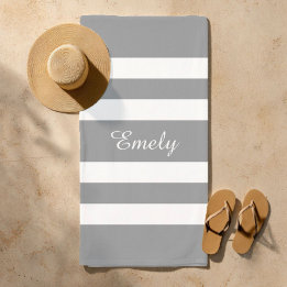 Serviette De Plage Nom Moderne Étanche Grise Rayée Piscine