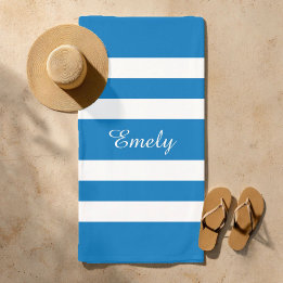 Serviette De Plage Nom Moderne Étanche Rayé Bleu Français Piscine
