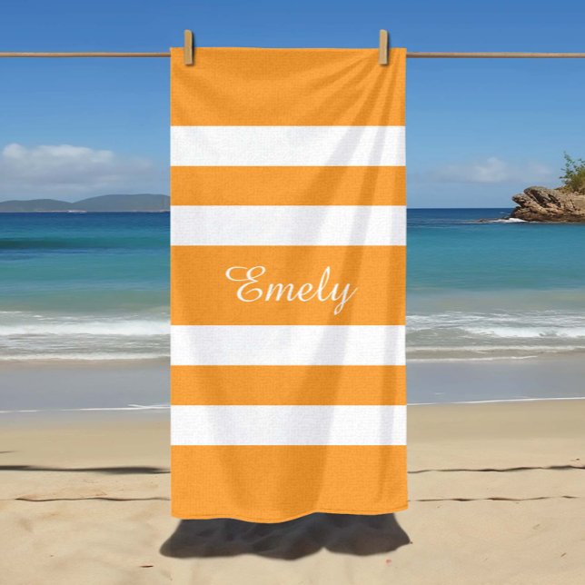 Serviette De Plage Nom moderne Orange Bassin à rayures (Modern Name Orange Striped Pool Beach Towel)
