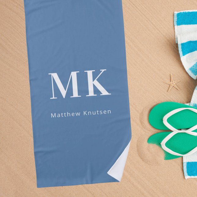 Serviette De Plage Nom monogramme blanc bleu foncé initiales (Créateur téléchargé)