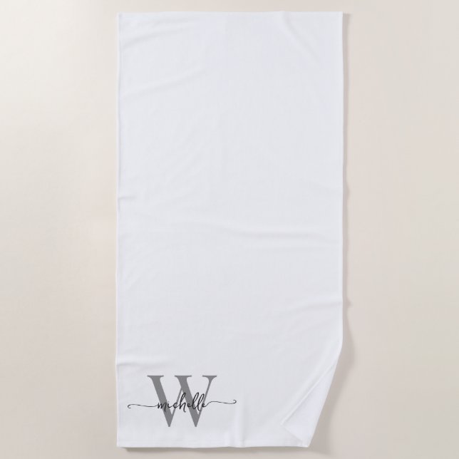 Serviette De Plage Nom Monogramme Gris Blanc Moderne Écriture Élégant (Devant)