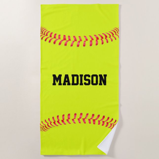 Serviette De Plage Nom, nom ou texte du joueur de softball personnali (Devant)