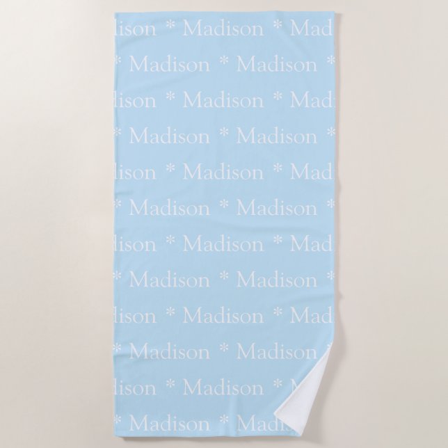 Serviette De Plage Nom personnalisable, texte, bleu clair blanc (Devant)