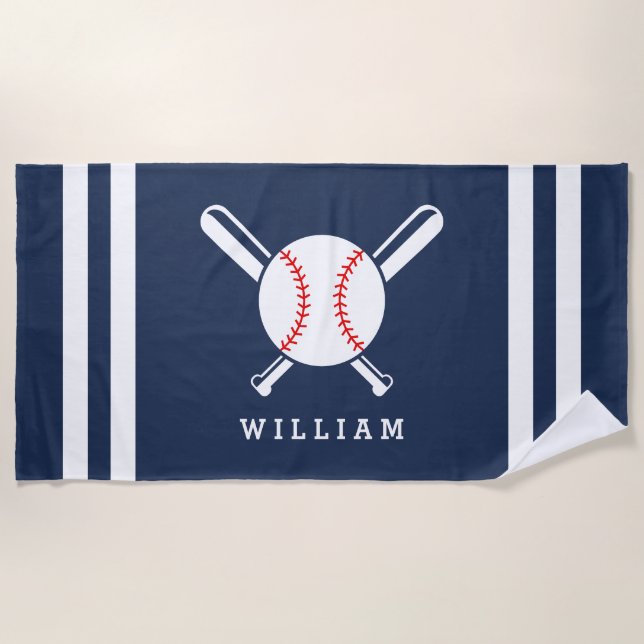 Serviette De Plage Nom personnalisé Baseball Navy Blue Stripes (Devant)