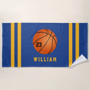 Serviette De Plage Nom personnalisé Basketball Bleu Jaune Bandes