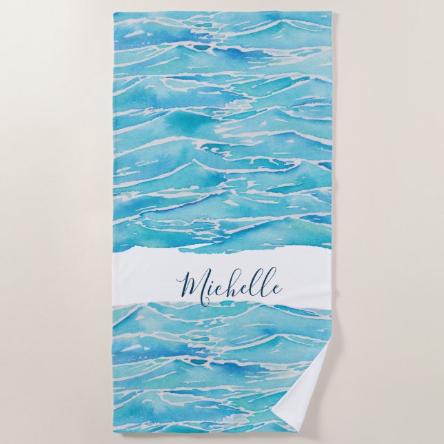 Serviette De Plage Nom personnalisé Beach Waves Aquarelle Nouveauté (Devant)