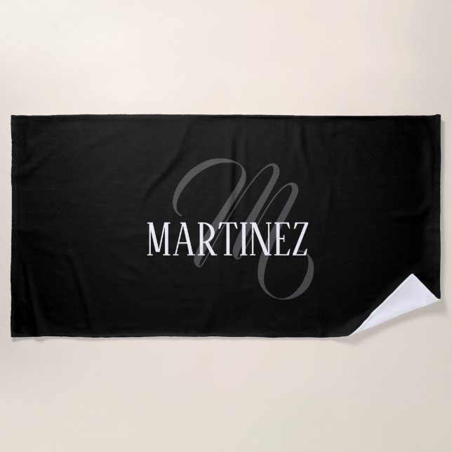 Serviette De Plage Nom Personnalisé Black Elegant | Nom (Devant)