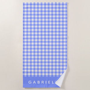 Serviette De Plage Nom personnalisé bleu violet Gingham Carreaux Rétr