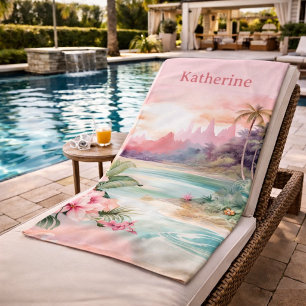 Serviette De Plage Nom personnalisé de plage tropicale rose