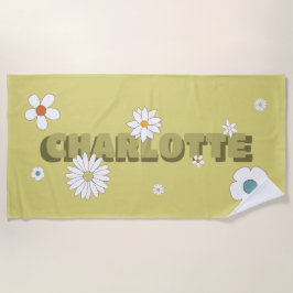 Serviette De Plage Nom personnalisé Fleurs de style rétro jaune