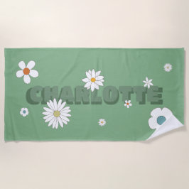 Serviette De Plage Nom personnalisé Green Retro Style Fleurs