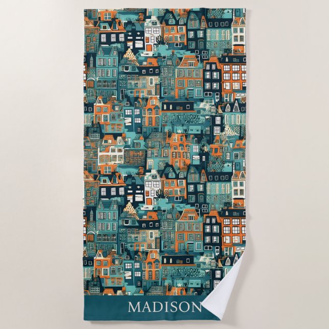 Serviette De Plage Nom personnalisé Hollandais Maisons Motif (Devant)