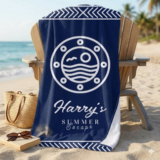 Serviette De Plage Nom personnalisé hublot maritime bleu marine géomé