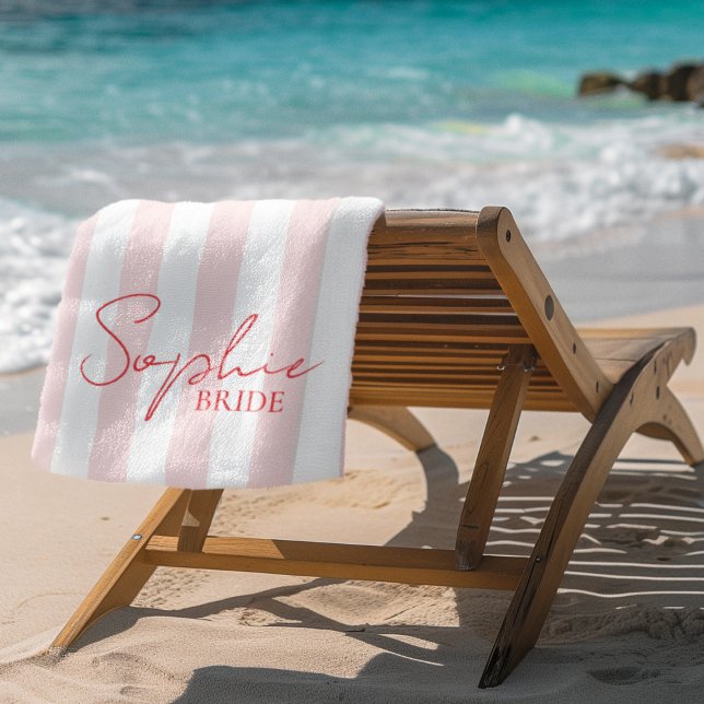 Serviette De Plage Nom personnalisé Mariée Rayure Rose | Cadeau d'ent (Créateur téléchargé)