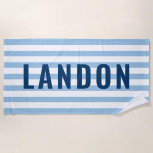 Serviette De Plage Nom personnalisé moderne Marine Bleu rayé